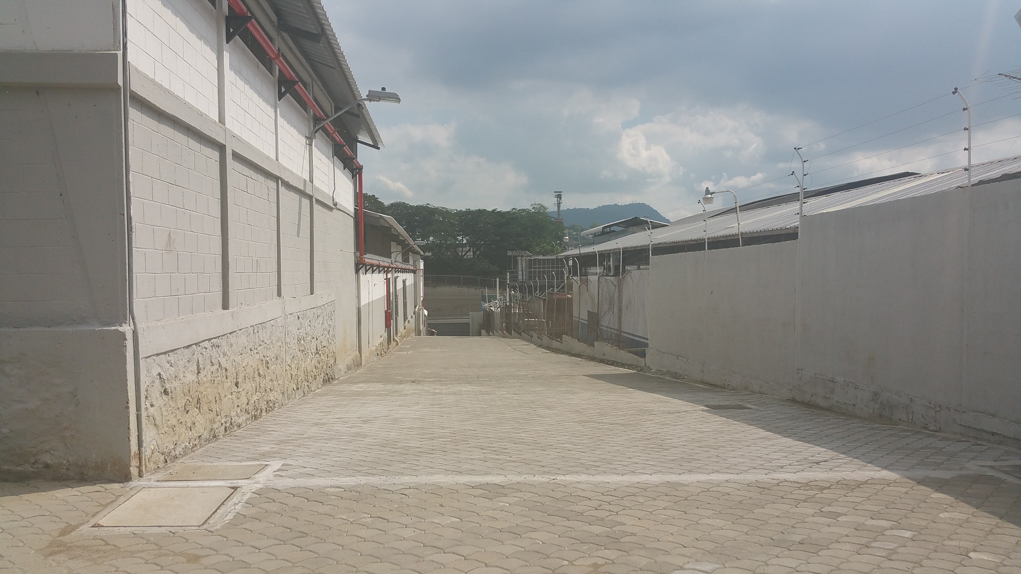 Pasillo exterior adoquinado entre bodegas